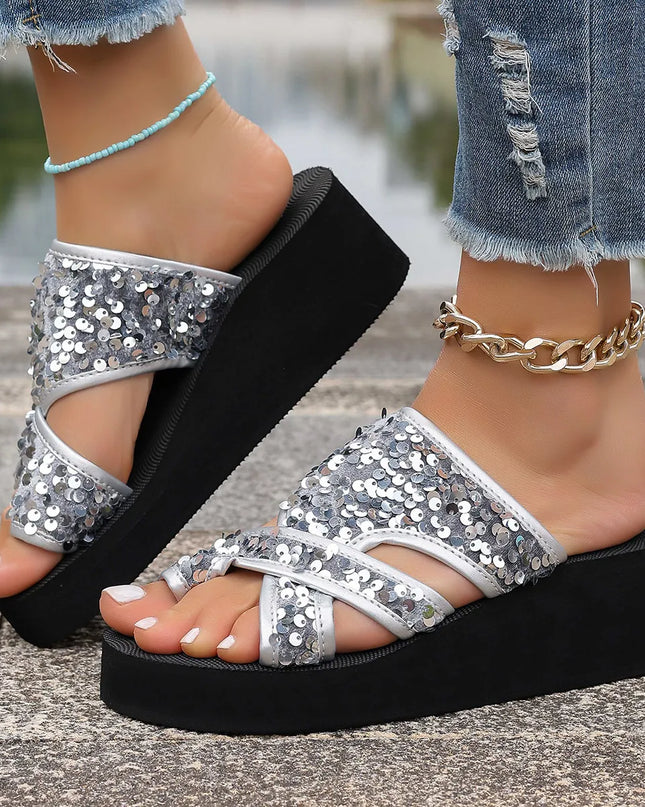 Sequin Platform Wedge Sandals 