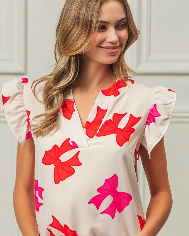 BiBi Bow Printed Woven Ruffled Sleeves V Neck Top