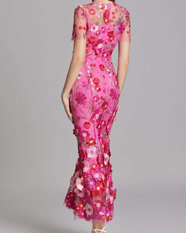 Floral Embroidered Mesh Overlay Maxi Dress