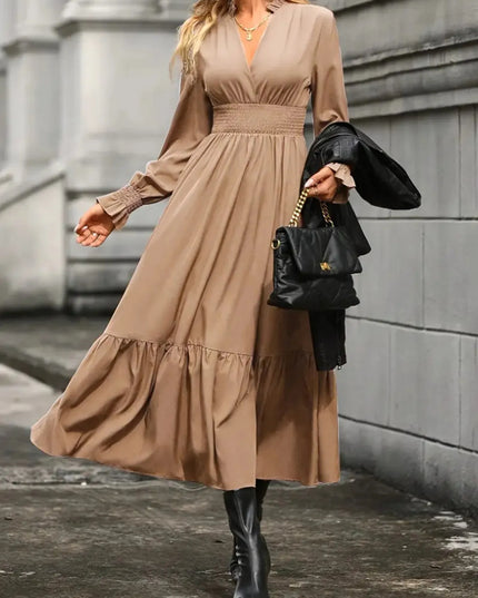 Notched Long Sleeve Tiered Dress