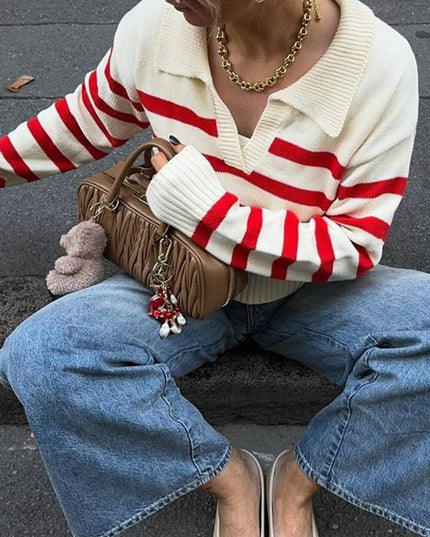 Striped Knit Polo Collar Sweater