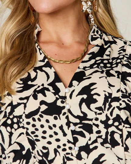 Double Take Full Size Printed Ruffle Trim Balloon Sleeve Shirt