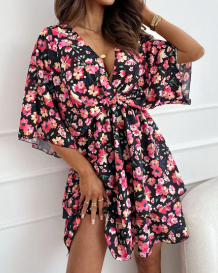 Floral Print V-Neck Ruffle Mini Dress