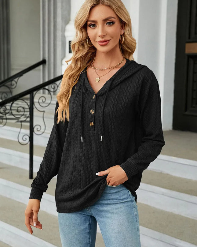 Cable-Knit Long Sleeve Hoodie Black