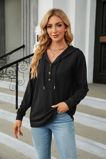 Cable-Knit Long Sleeve Hoodie Black