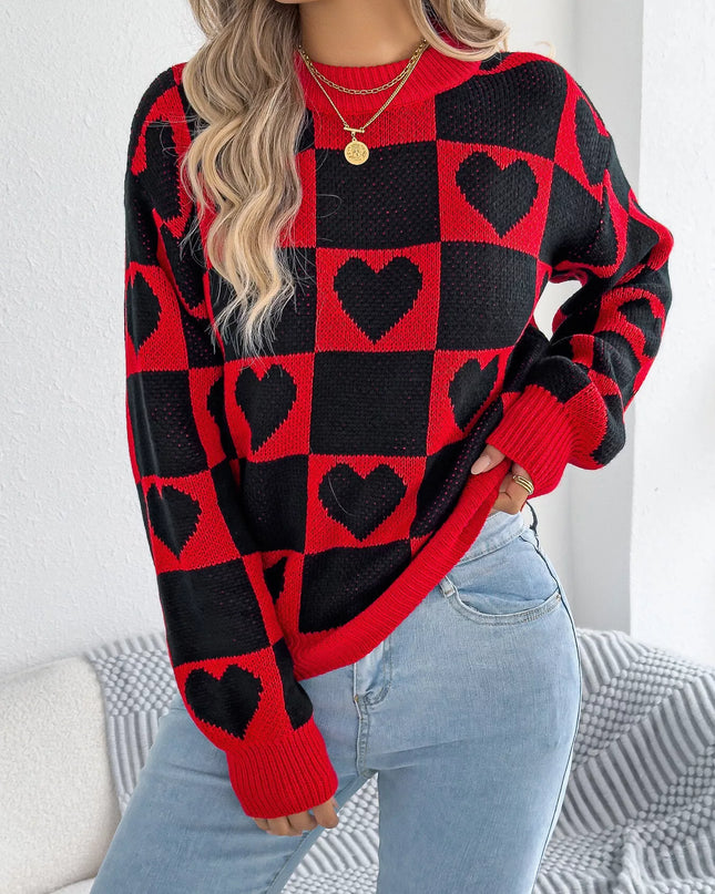 Heart Checkerboard Pattern Round Neck Sweater