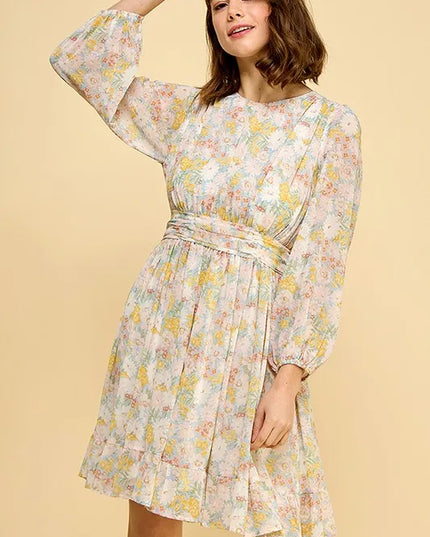 Lime 'N' Chili Chiffon Floral Print Belted Dress with Back Zipper 