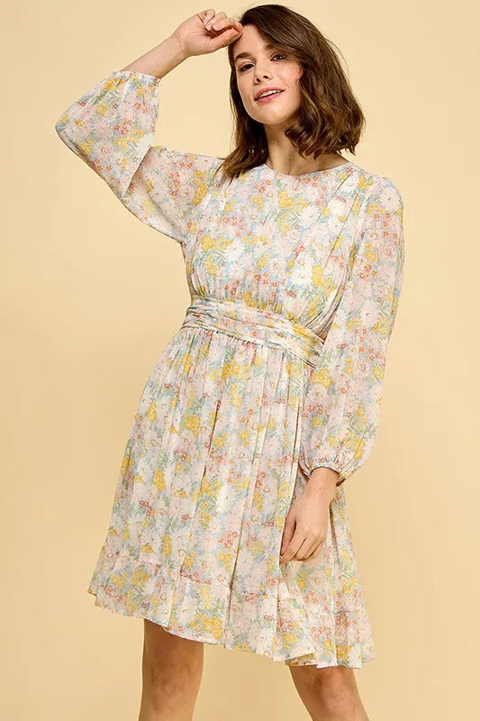 Lime 'N' Chili Chiffon Floral Print Belted Dress with Back Zipper 