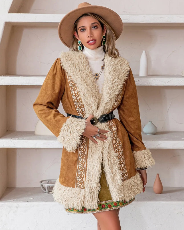 Fuzzy Open Front Long Sleeve Outerwear Caramel
