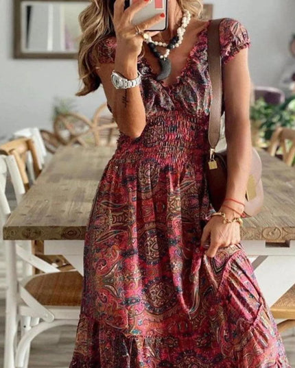 Full Size Paisley Print Cap Sleeve Maxi Dress Plus Size Burgundy