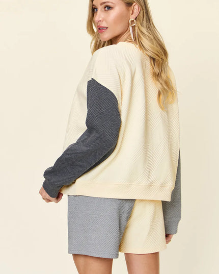 Double Take Full Size Contrast Drop Shoulder Top and Shorts Set