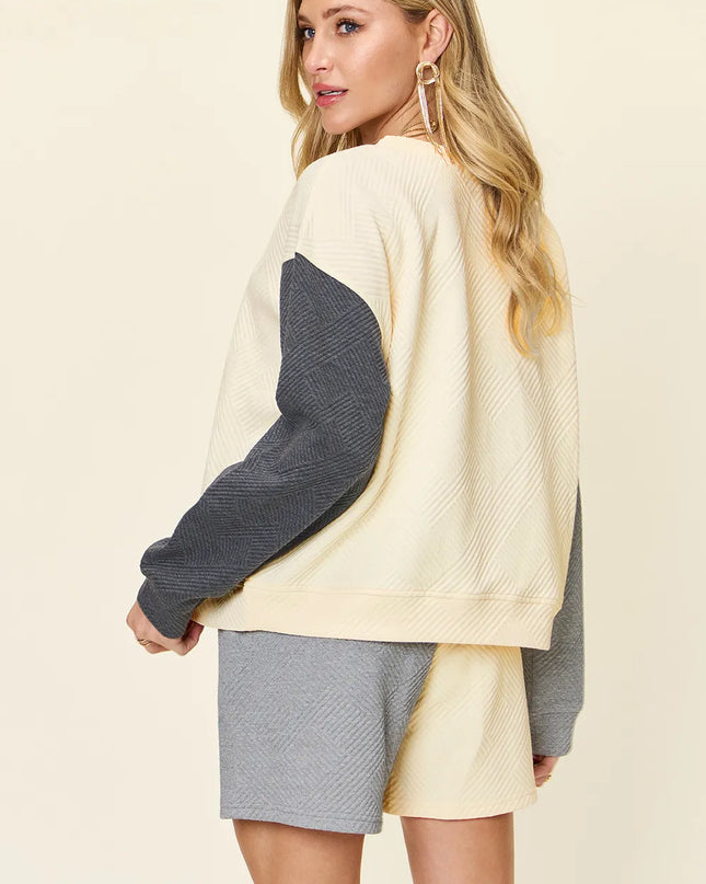 Double Take Full Size Contrast Drop Shoulder Top and Shorts Set