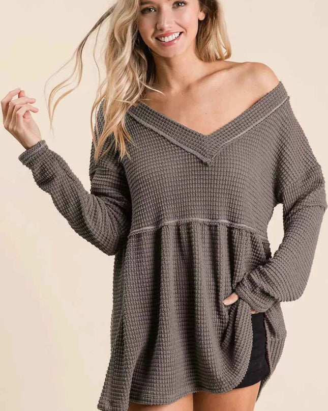 BiBi Waffle Knit V-Neck Babydoll Blouse