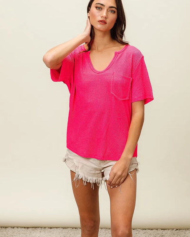 BiBi Waved Rib U Neck Top With Front Pocket