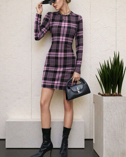 Long Sleeve Plaid Bodycon Mini Dress