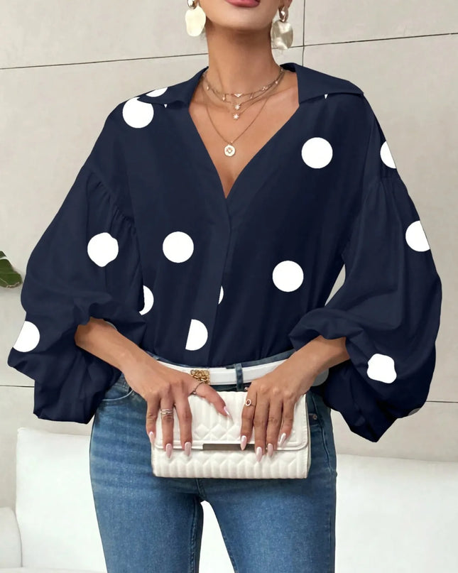 Polka Dot Balloon Sleeve Blouse Navy Blue Polka Dots
