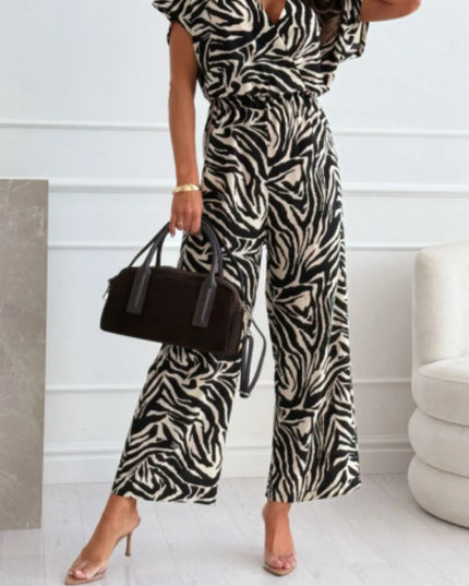 Leopard Print Short Sleeve Wide Leg Jumpsuit