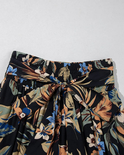 Floral Shirred High Waist Wide Leg Pants with Tie
