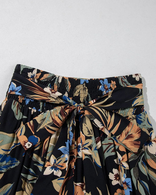 Floral Shirred High Waist Wide Leg Pants with Tie