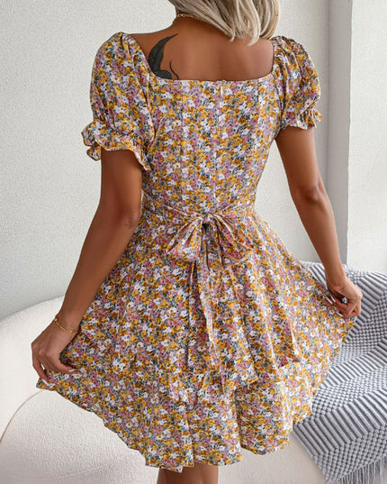 Floral Sweetheart Neck Flounce Sleeve Mini Dress
