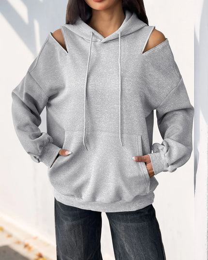 Drawstring Zip Detail Cold Shoulder Hoodie