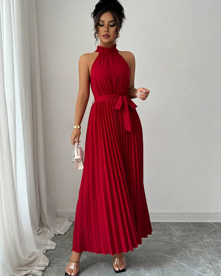 Pleated Halter Neck Tie Waist Maxi Dress