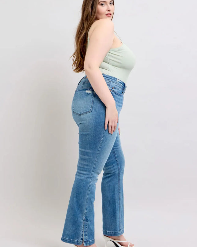 Judy Blue HW Tummy Control Vintage Wash Side Slit Slim Boot Jeans