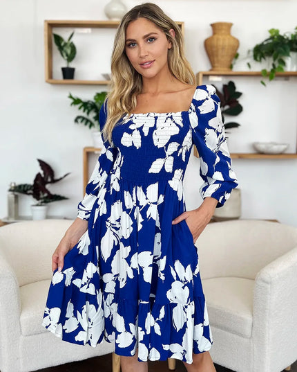 Double Take Full Size Floral Ruffle Hem Smocked Dress with Pockets