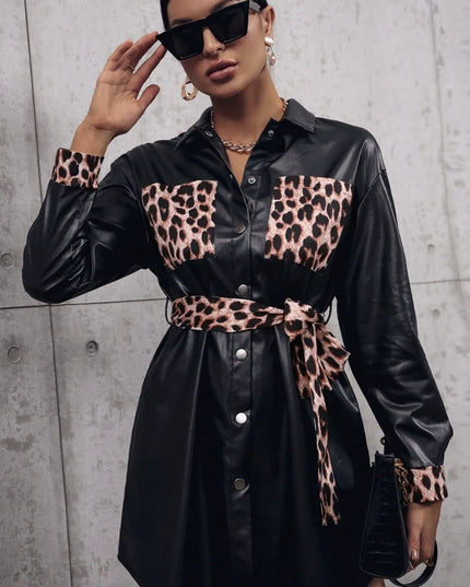 Ivy Lane Tied Leopard Snap Down Trench Coat Black