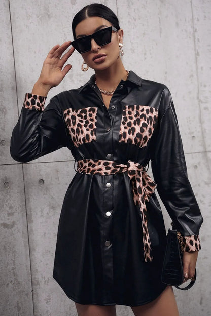 Ivy Lane Tied Leopard Snap Down Trench Coat Black