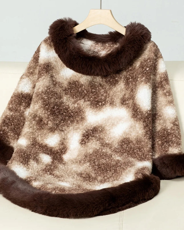 Furry Contrast Three-Quarter Poncho Chocolate One Size