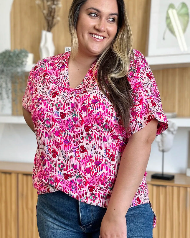 Double Take Full Size Printed V-Neck Short Sleeve Blouse