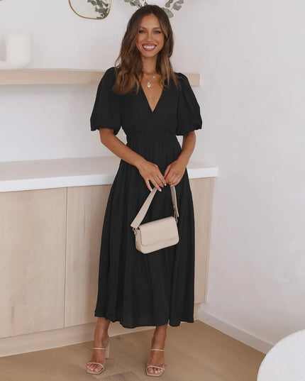 Tiered Surplice Half Sleeve Midi Dress Black