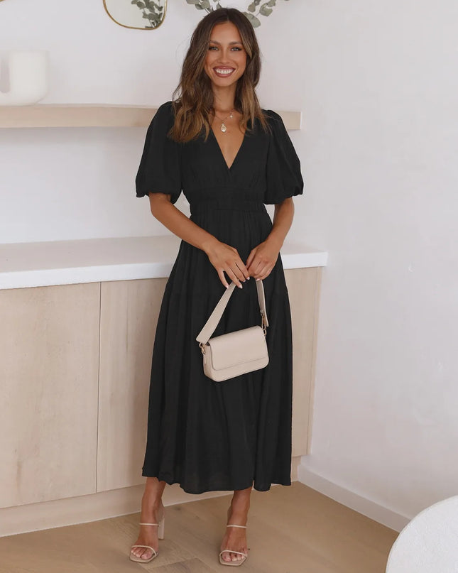 Tiered Surplice Half Sleeve Midi Dress Black