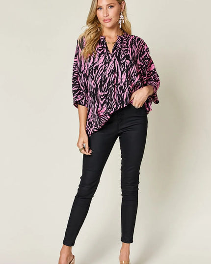 Double Take Full Size Printed Notched Three-Quarter Sleeve Blouse