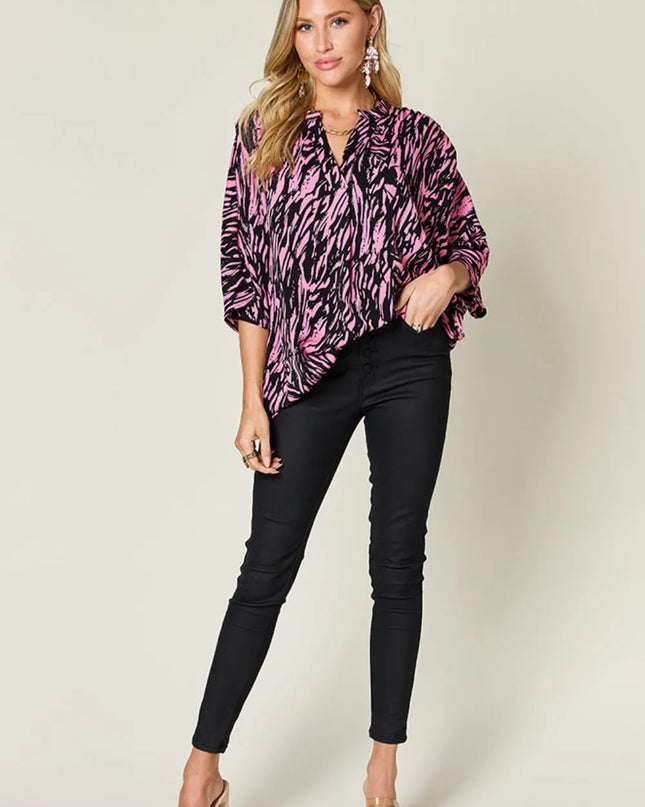 Double Take Full Size Printed Notched Three-Quarter Sleeve Blouse