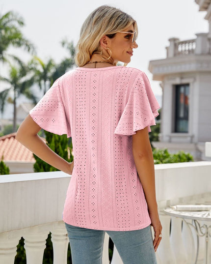 Eyelet Flutter Sleeve Round Neck Top