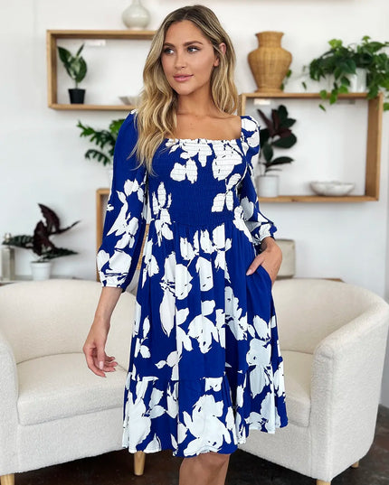 Double Take Full Size Floral Ruffle Hem Smocked Dress with Pockets
