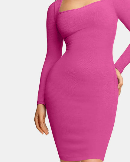 Basic Bae Full Size Built-In Shapewear Square Neck Long Sleeve Dress