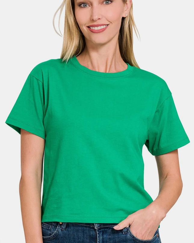 Zenana Round Neck Short Sleeve Cropped T-Shirt Green