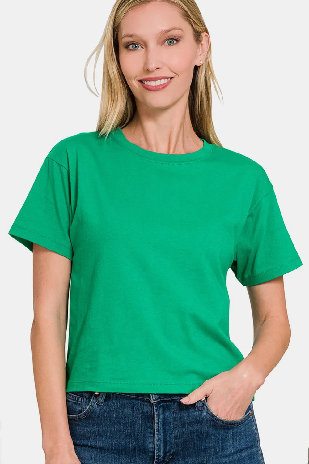 Zenana Round Neck Short Sleeve Cropped T-Shirt Green