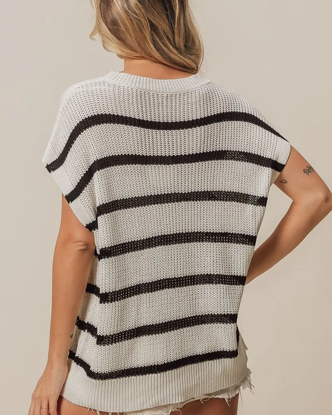 BiBi Vacay Mode Lettering Drop Shoulder Striped Sweater