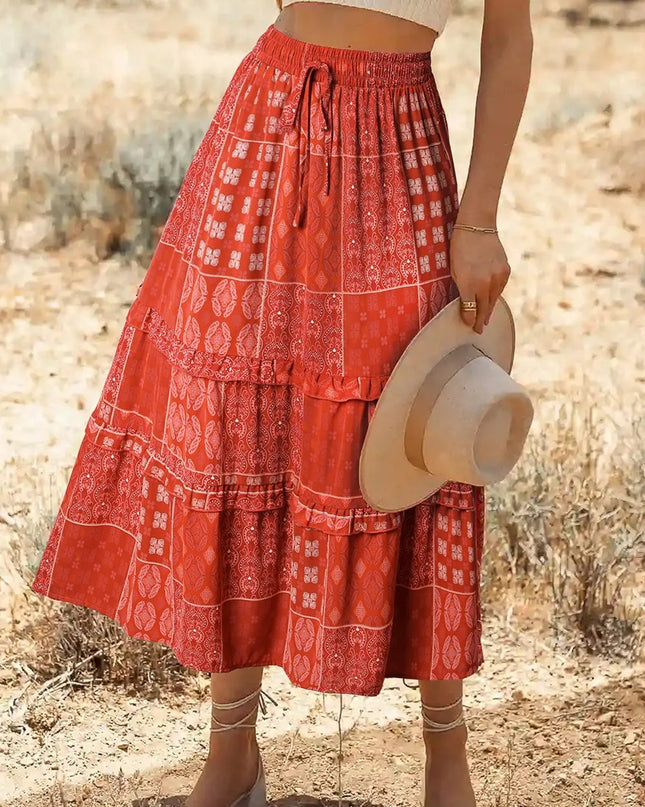 Printed Drawstring Midi Skirt Orange-Red