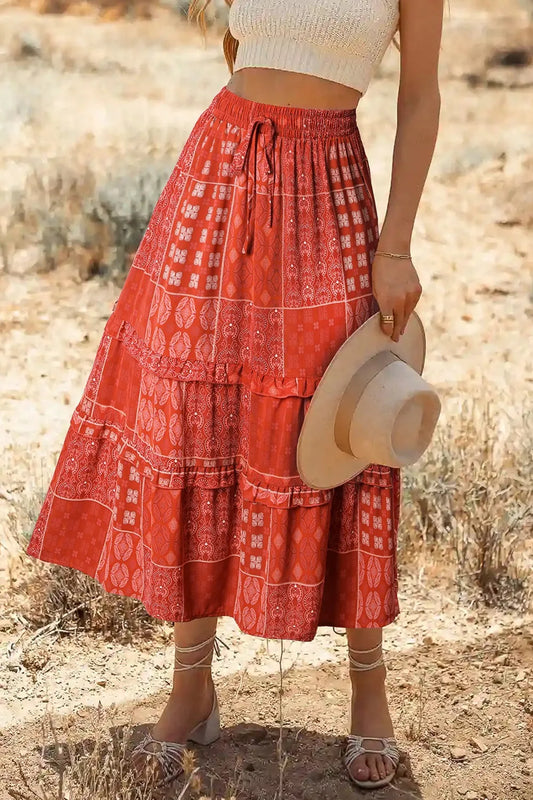 Printed Drawstring Midi Skirt Orange-Red