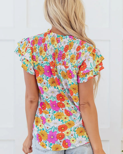 Floral Print Shirred Tiered Ruffled Sleeve Blouse