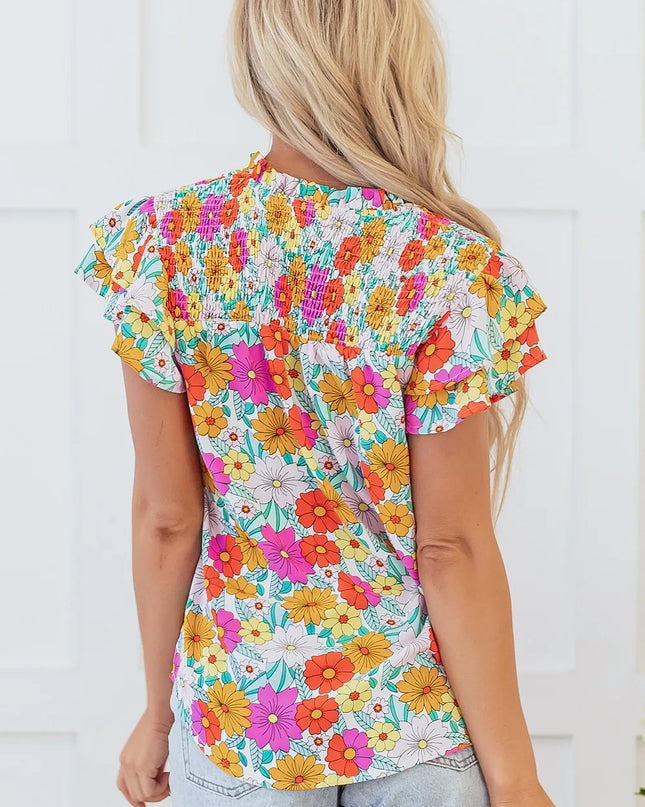 Floral Print Shirred Tiered Ruffled Sleeve Blouse