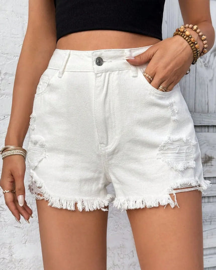 Distressed Raw Hem High Rise Denim Shorts White