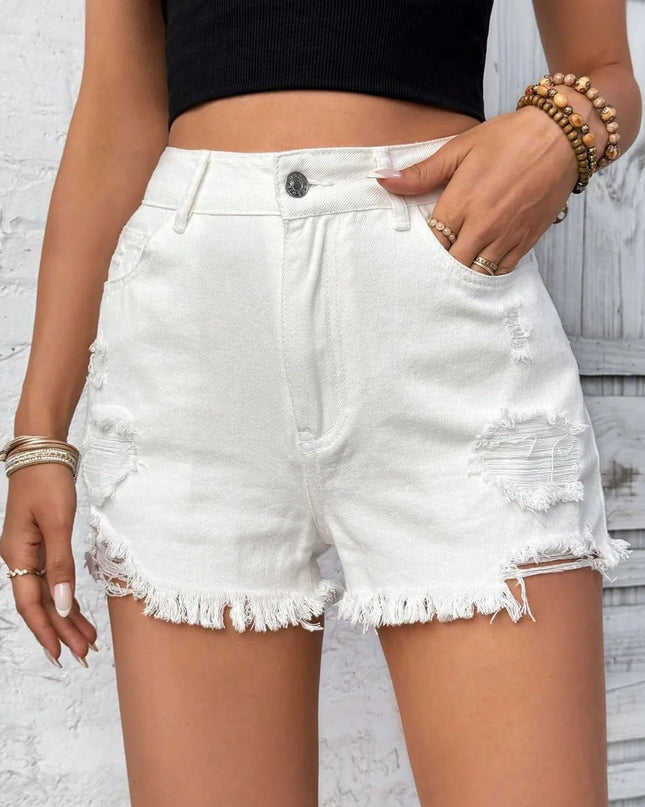 Distressed Raw Hem High Rise Denim Shorts White