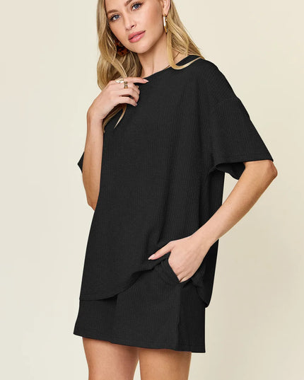 Double Take Basic style Round Neck Solid Set