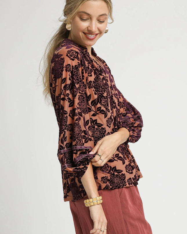Umgee Floral Velvet Blouse with Balloon Sleeves